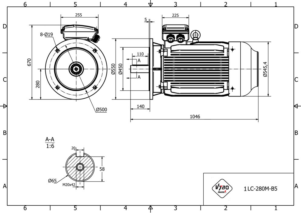 rozměrový výkres elektromotor 55kw 1LC280M-6