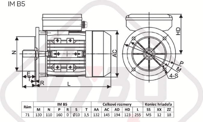 rozměrový výkres jednofázový elektromotor 230V 0,25kw 1ALJ711-4