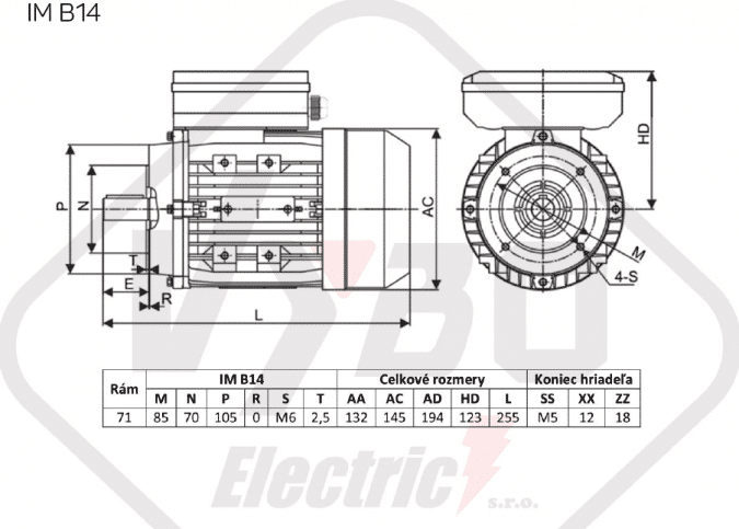 rozměrový výkres jednofázový elektromotor 230V 0,37kw 1ALJ711-2