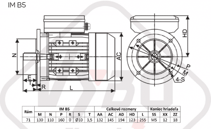 rozměrový výkres jednofázový elektromotor 230V 0,37kw 1ALJ712-4