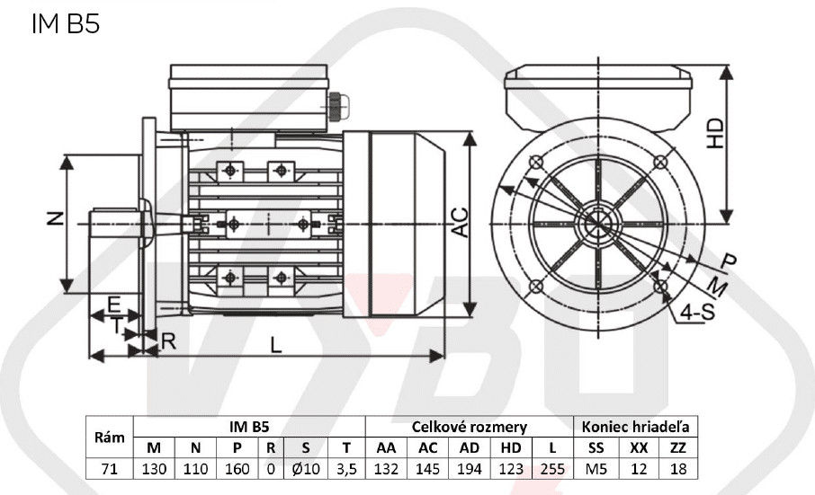 rozměrový výkres jednofázový elektromotor 230V 0,55kw 1ALJ712-2