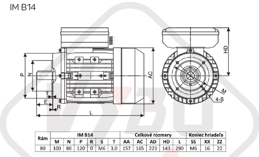 rozměrový výkres jednofázový elektromotor 230V 0,75kw 1ALJ801-2