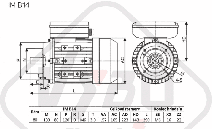 rozměrový výkres jednofázový elektromotor 230V 0,75kw 1ALJ802-4