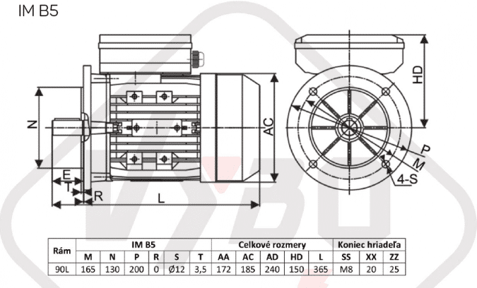 rozměrový výkres jednofázový elektromotor 230V 1,1kw 1ALJ90L1-4