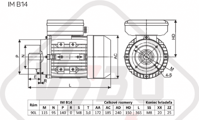 rozměrový výkres jednofázový elektromotor 230V 1,5kw 1ALJ90L2-4