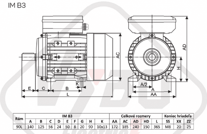 rozměrový výkres jednofázový elektromotor 230V 1,5kw 1ALJ90L2-4