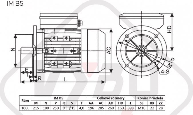 rozměrový výkres jednofázový elektromotor 230V 2,2kw 1ALJ100L1-4