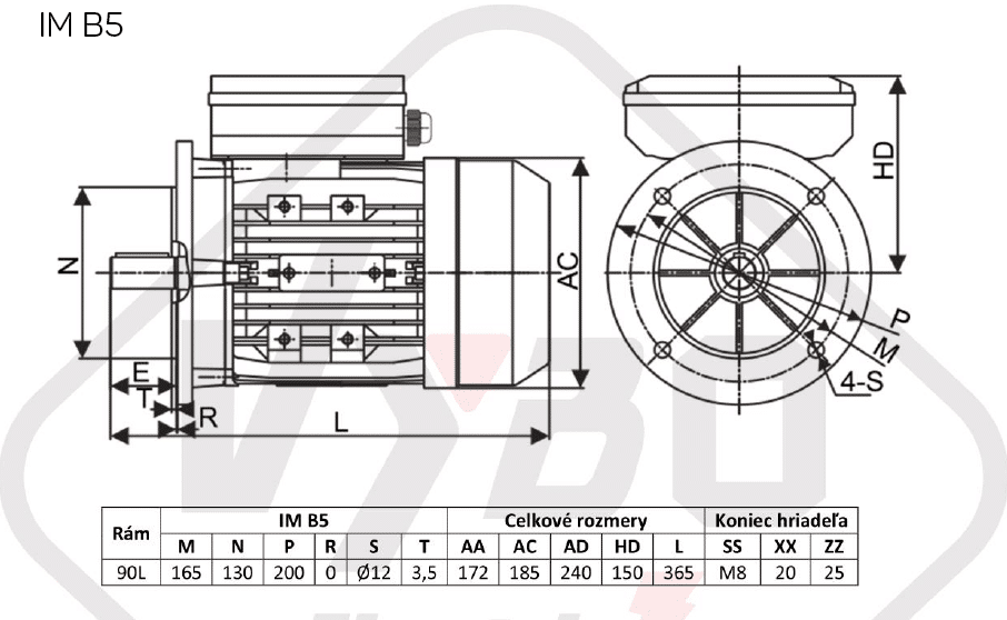 rozměrový výkres jednofázový elektromotor 230V 2,2kw 1ALJ90L2-2