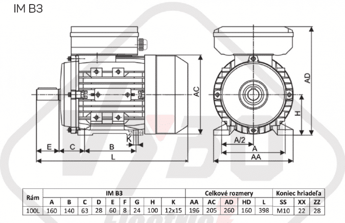 rozměrový výkres jednofázový elektromotor 230V 3kw 1ALJ100L-2