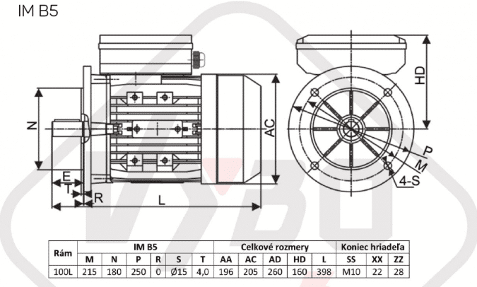 rozměrový výkres jednofázový elektromotor 230V 3kw 1ALJ100L2-4
